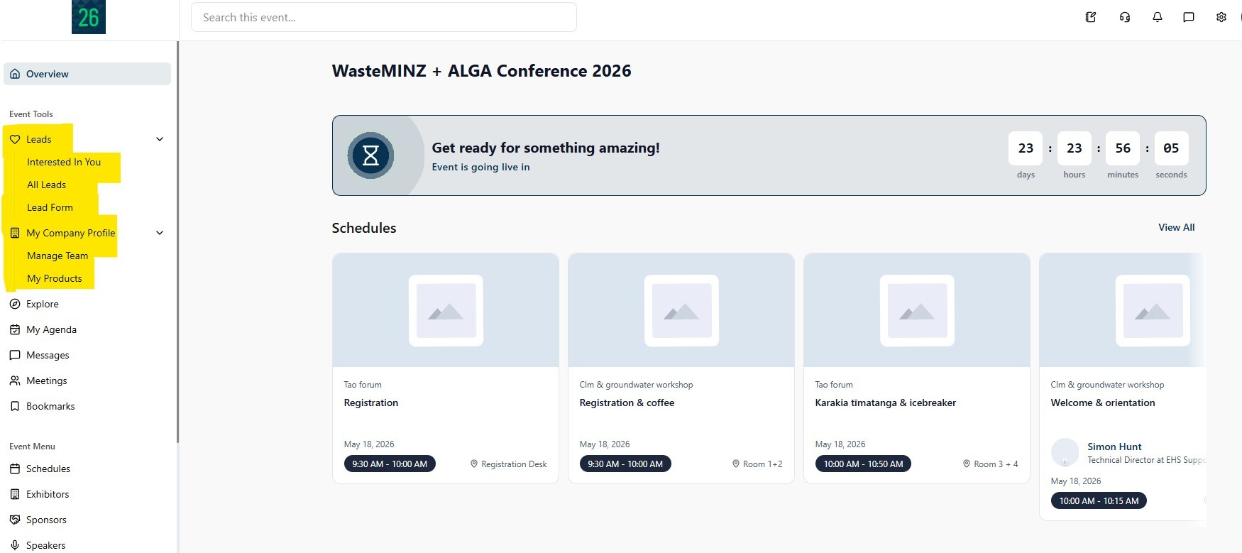 Exhibitor dashboard